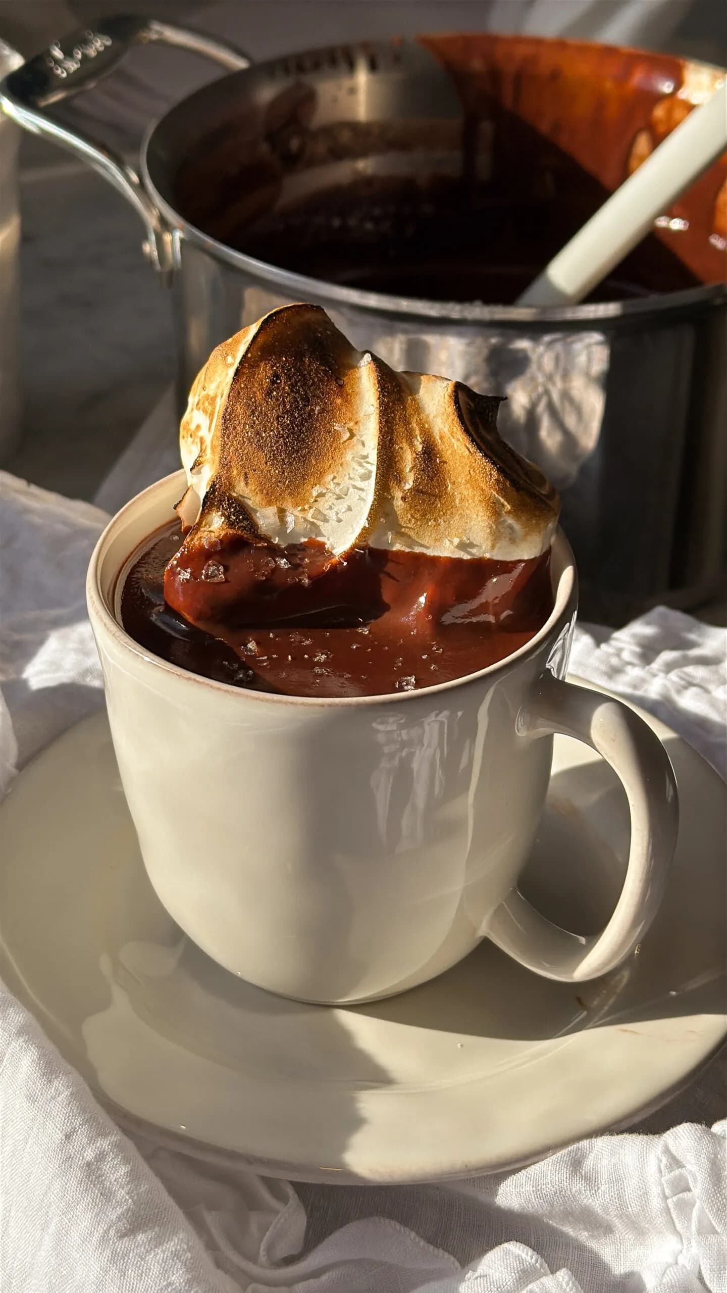 Hot chocolate with toasted marshmallow in a cream ceramic mug, golden hour light